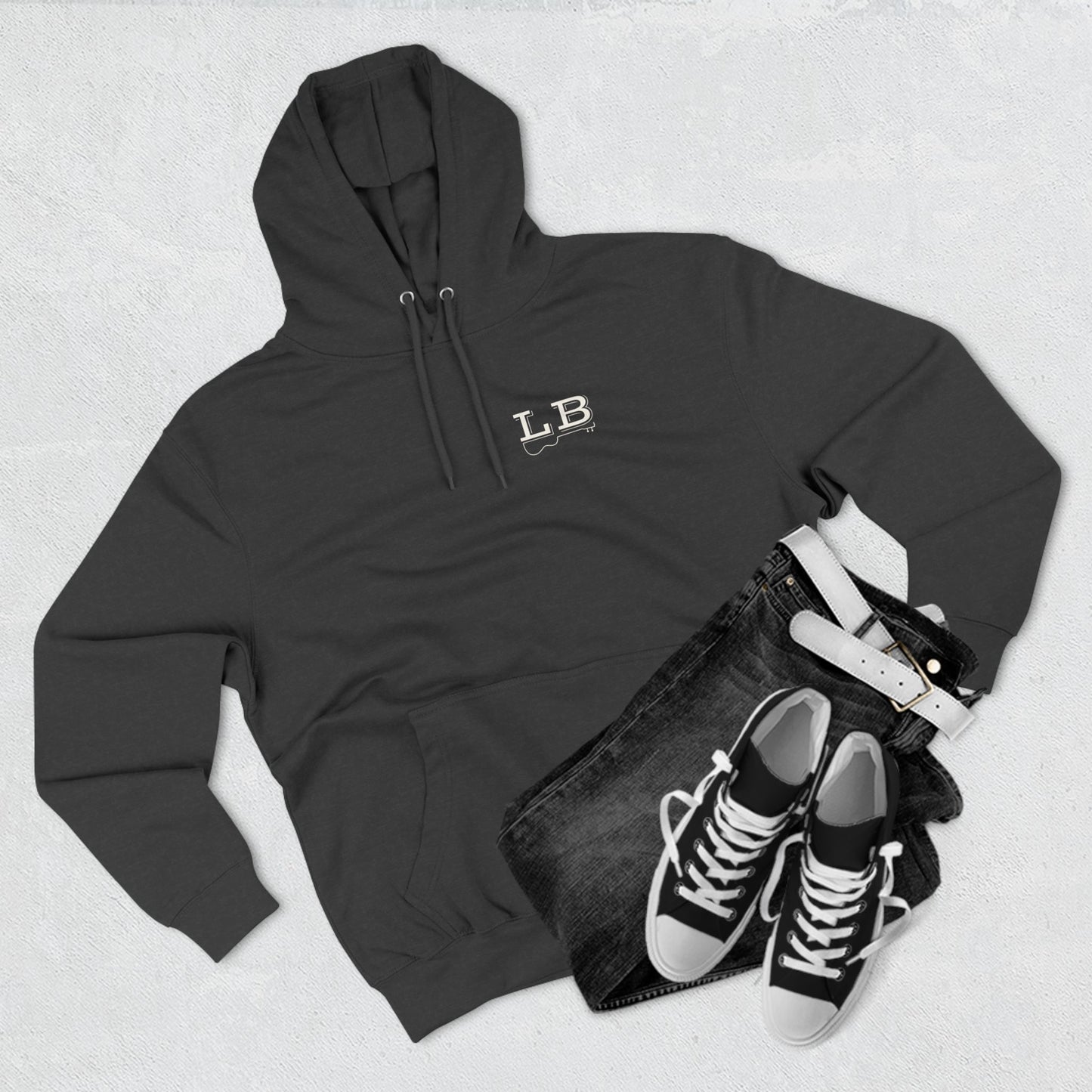 Logan Bruce Music - Unisex Three-Panel Fleece Hoodie - LB Guitar Front/Back Logo (Sizing is equal to men's sizing)