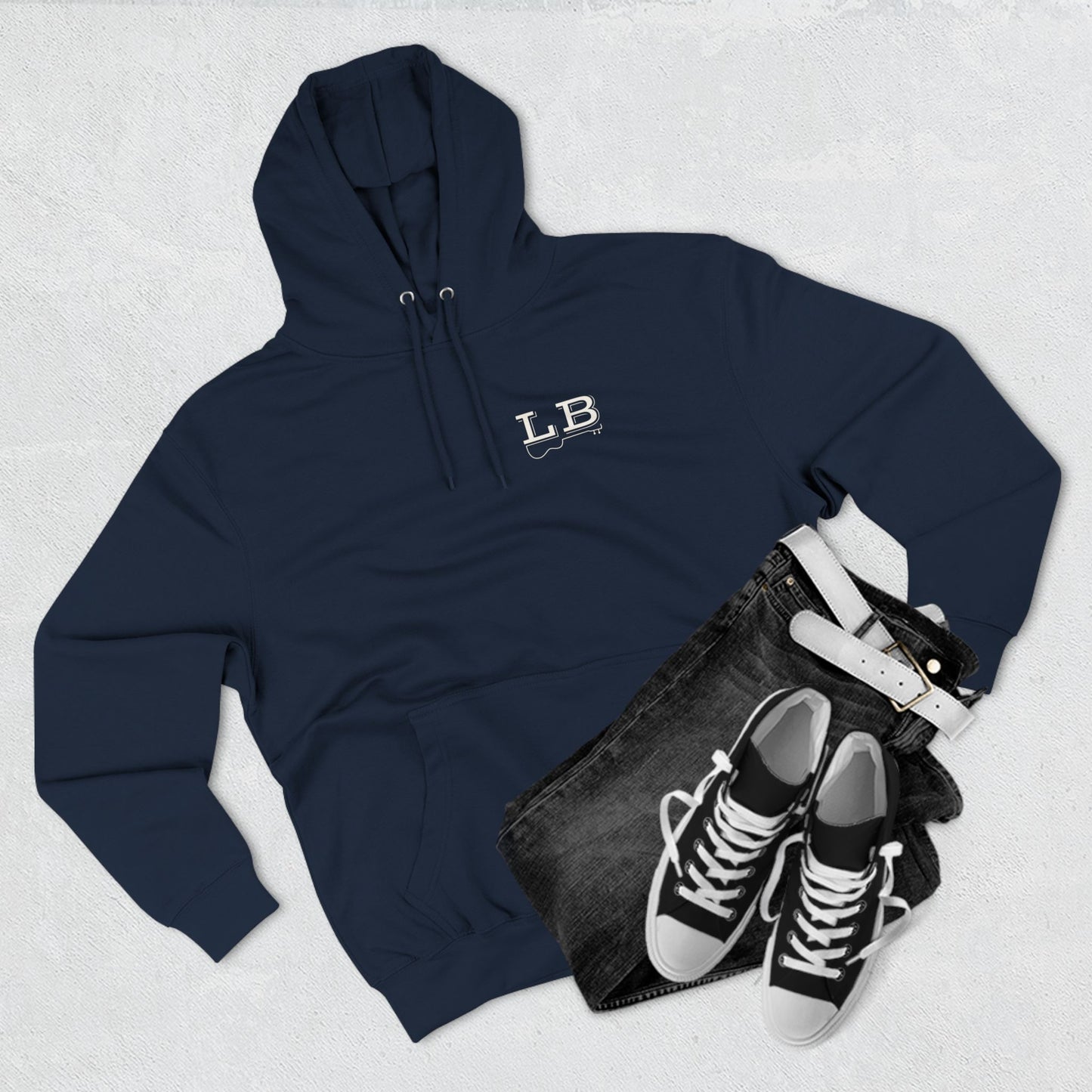Logan Bruce Music - Unisex Three-Panel Fleece Hoodie - LB Guitar Front/Back Logo (Sizing is equal to men's sizing)